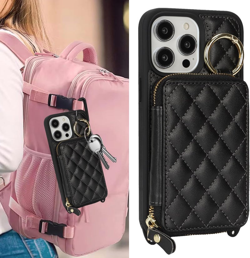 Hamany Crossbody Wallet Case for iPhone 14 Pro Max, PU Leather Zipper Handbag Purse Flip Cover, Kickstand Folio Case with Card Slots Holder Wrist Strap Lanyard 5G 6.7 Inch-Black - Image 3
